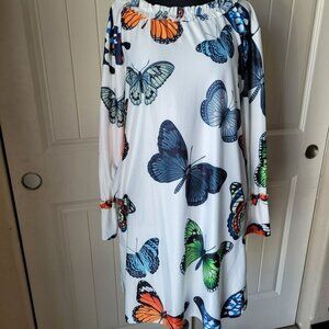 Butterfly Print Long-Sleeve White Dress With Ruffled Collar & Cuffs size L